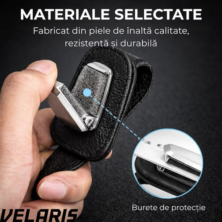 Suport ochelari auto, prindere la parasolar, piele si aluminiu, 5x10 cm, negru