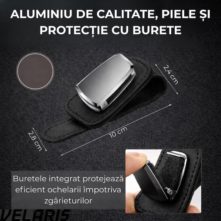Suport ochelari auto, prindere la parasolar, piele si aluminiu, 5x10 cm, negru