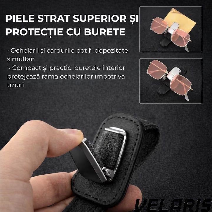 Suport ochelari auto, prindere la parasolar, piele si aluminiu, 5x10 cm, negru
