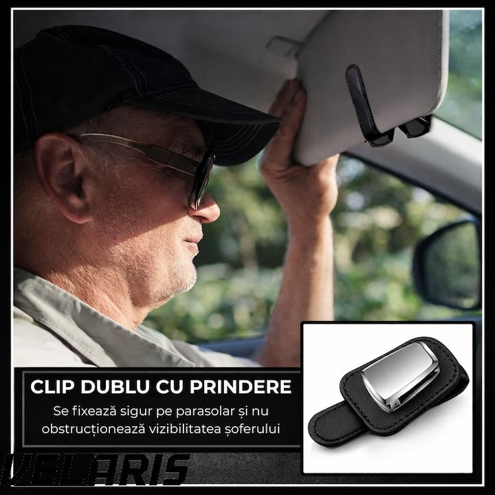 Suport ochelari auto, prindere la parasolar, piele si aluminiu, 5x10 cm, negru