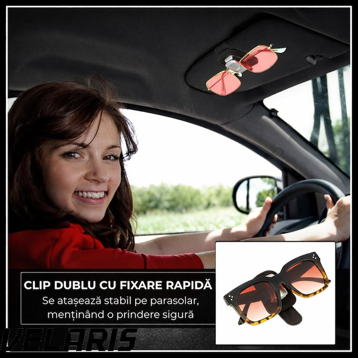 Suport ochelari auto, prindere la parasolar, piele si aluminiu, 5x10 cm, negru