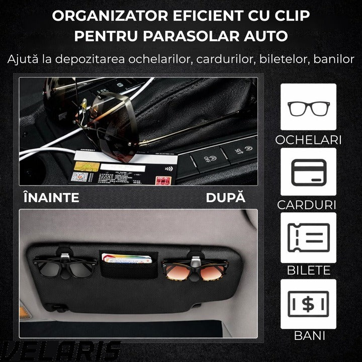 Suport ochelari auto, prindere la parasolar, piele si aluminiu, 5x10 cm, negru