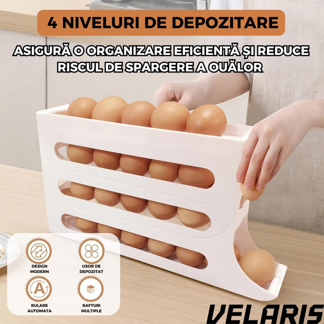 Suport organizator pentru oua, 4 niveluri, rulare automata, 30 oua, 36x7x20 cm, alb, economisire inteligenta de spatiu in frigider