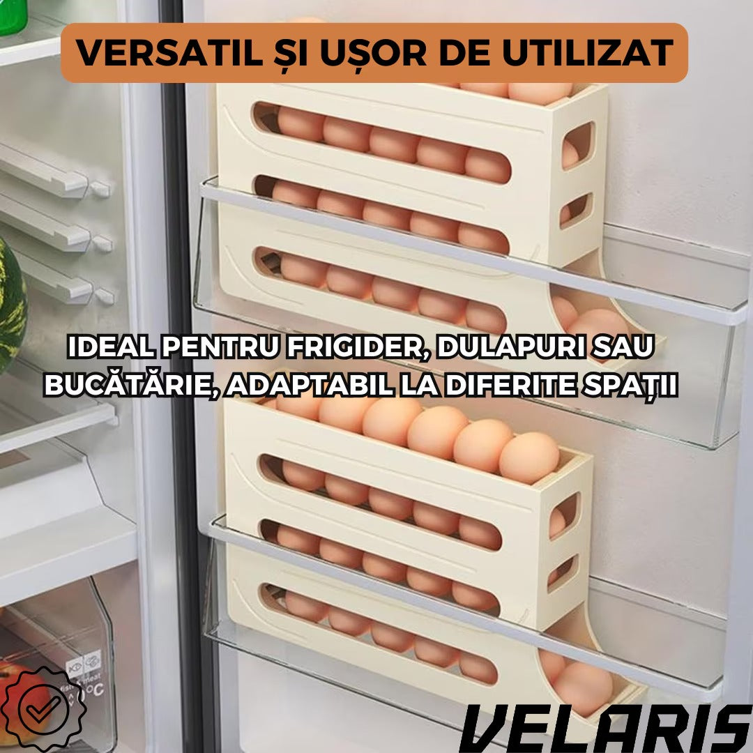 Suport organizator pentru oua, 4 niveluri, rulare automata, 30 oua, 36x7x20 cm, alb, economisire inteligenta de spatiu in frigider