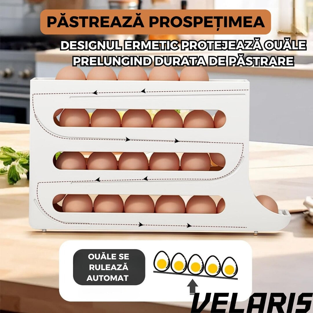 Suport organizator pentru oua, 4 niveluri, rulare automata, 30 oua, 36x7x20 cm, alb, economisire inteligenta de spatiu in frigider
