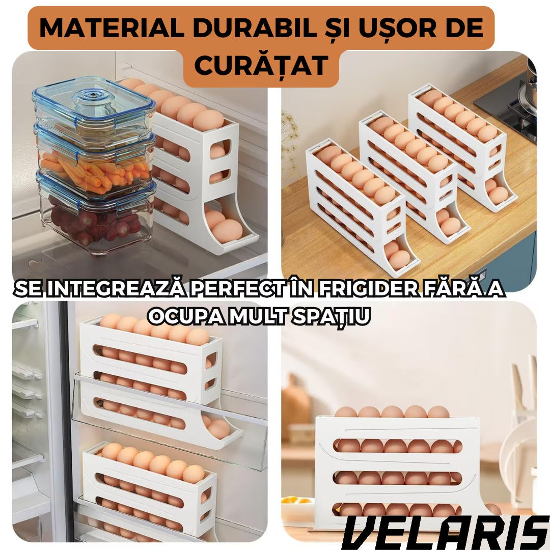Suport organizator pentru oua, 4 niveluri, rulare automata, 30 oua, 36x7x20 cm, alb, economisire inteligenta de spatiu in frigider