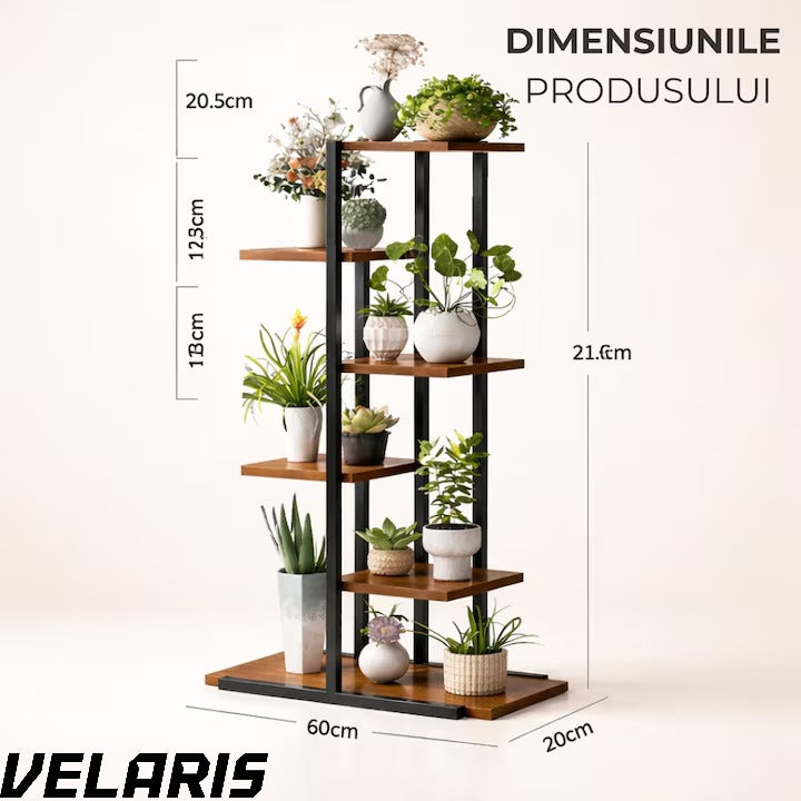 Suport plante tip etajera asimetrica cu 6 rafturi, structura metalica rezistenta, rafturi lemn, suport flori interior, design modern pentru living balcon birou, 60x21.6x123 cm