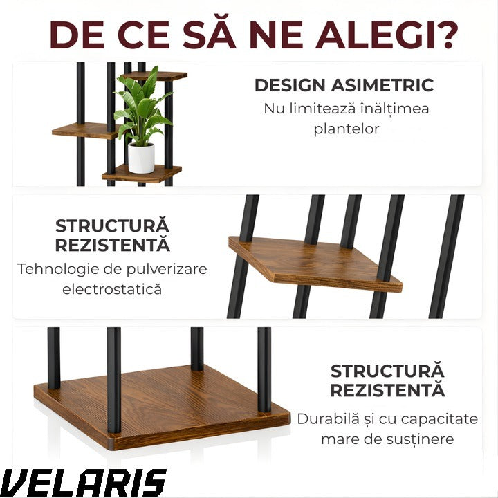 Suport plante tip etajera asimetrica cu 6 rafturi, structura metalica rezistenta, rafturi lemn, suport flori interior, design modern pentru living balcon birou, 60x21.6x123 cm