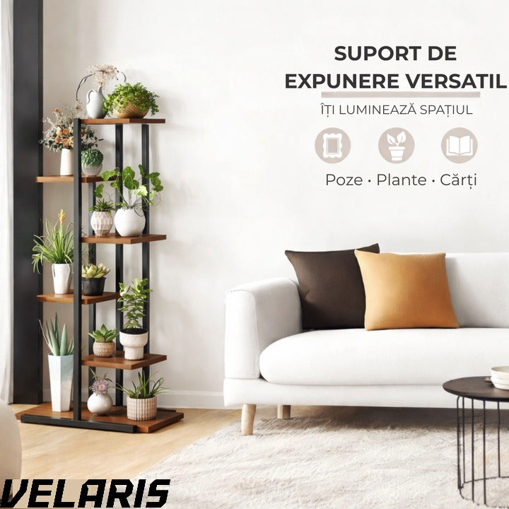 Suport plante tip etajera asimetrica cu 6 rafturi, structura metalica rezistenta, rafturi lemn, suport flori interior, design modern pentru living balcon birou, 60x21.6x123 cm