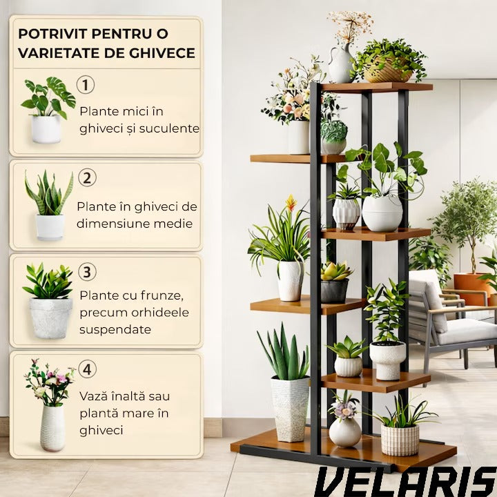 Suport plante tip etajera asimetrica cu 6 rafturi, structura metalica rezistenta, rafturi lemn, suport flori interior, design modern pentru living balcon birou, 60x21.6x123 cm