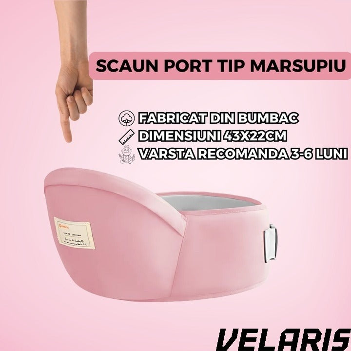 Suport port bebe tip marsupiu, cu centura pentru talie, material bumbac premium, burete ergonomic, confortabil, 43 x 22 cm, roz