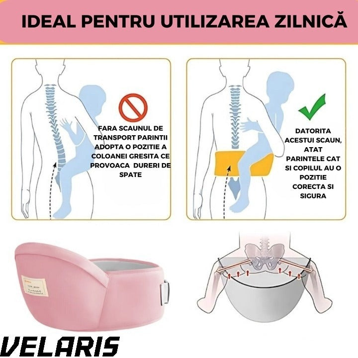 Suport port bebe tip marsupiu, cu centura pentru talie, material bumbac premium, burete ergonomic, confortabil, 43 x 22 cm, roz