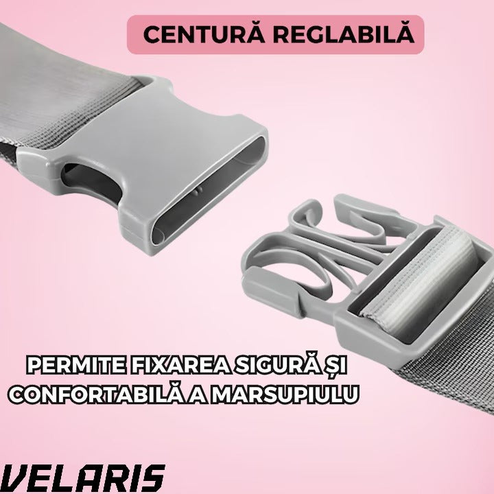 Suport port bebe tip marsupiu, cu centura pentru talie, material bumbac premium, burete ergonomic, confortabil, 43 x 22 cm, roz