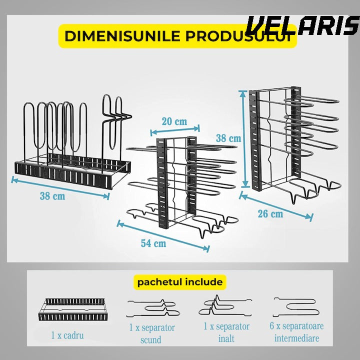 Suport reglabil 9 tigai si oale din metal, 8 separatoare, protectie cauciuc, utilizare verticala/orizontala, negru