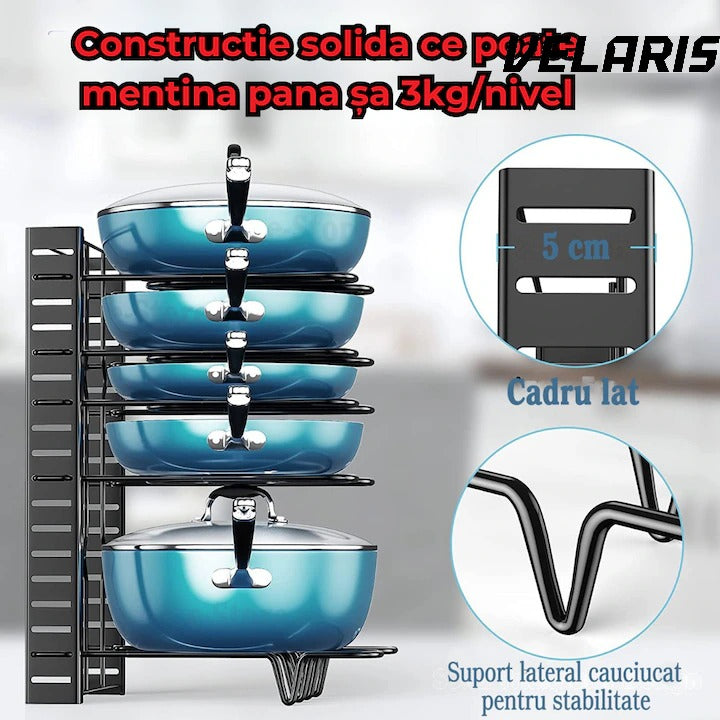 Suport reglabil 9 tigai si oale din metal, 8 separatoare, protectie cauciuc, utilizare verticala/orizontala, negru