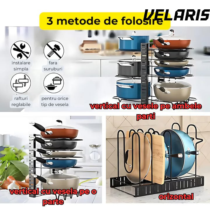 Suport reglabil 9 tigai si oale din metal, 8 separatoare, protectie cauciuc, utilizare verticala/orizontala, negru