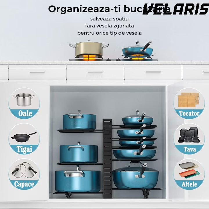 Suport reglabil 9 tigai si oale din metal, 8 separatoare, protectie cauciuc, utilizare verticala/orizontala, negru