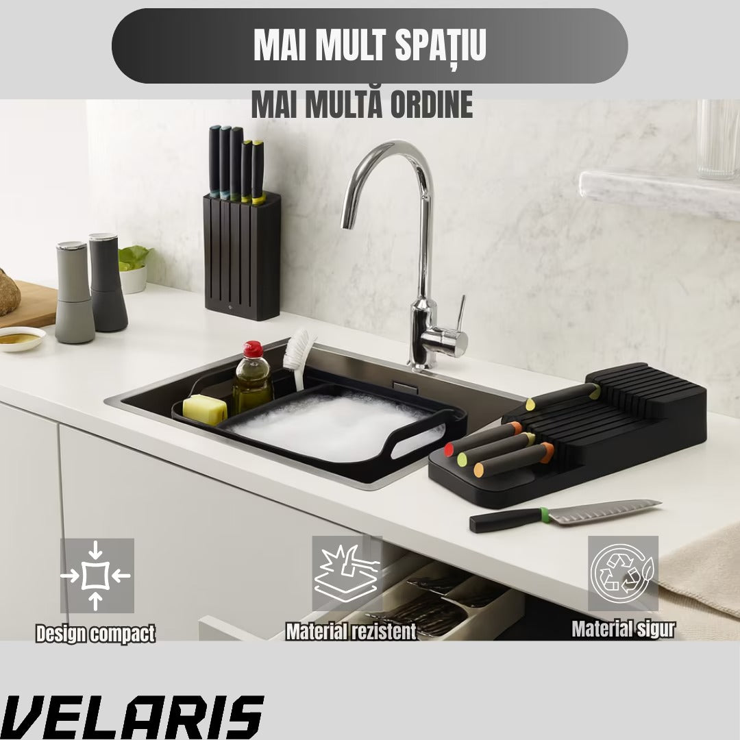Suport sertar pentru cutite organizator compact depozitare sigura material durabil design ergonomic stabilitate sporita economie de spatiu, negru