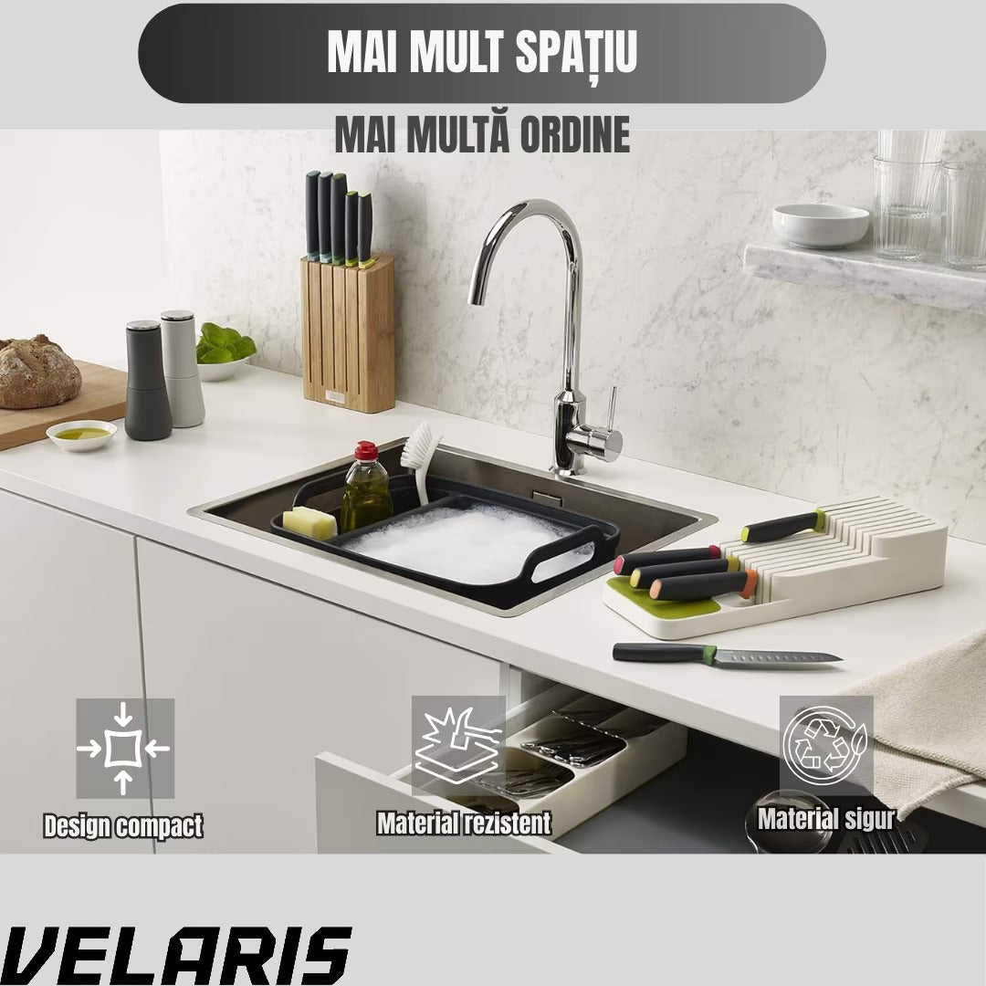 Suport sertar pentru cutite organizator compact depozitare sigura material durabil design ergonomic stabilitate sporita economie de spatiu, alb