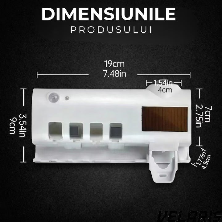 Suport si Dozator pentru Periute si Pasta de Dinti cu Sterilizare Antibacteriana UV, Design Compact si Elegant