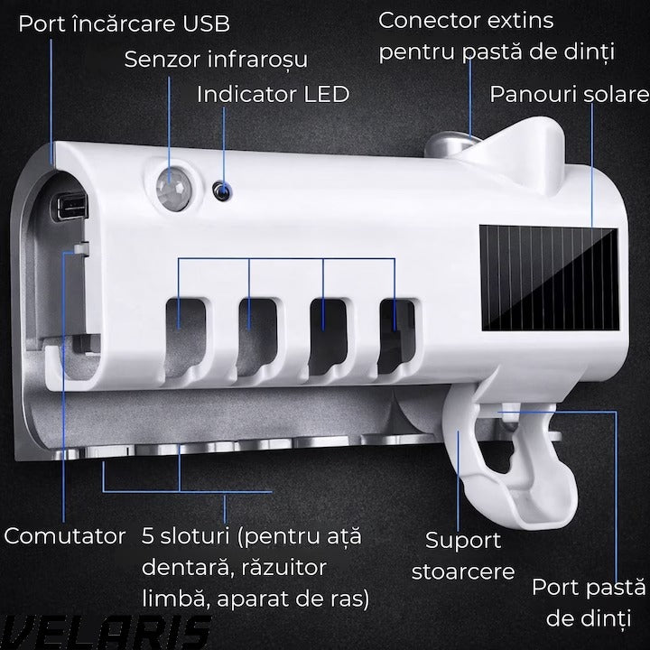 Suport si Dozator pentru Periute si Pasta de Dinti cu Sterilizare Antibacteriana UV, Design Compact si Elegant