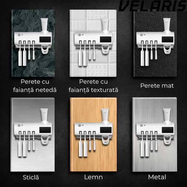 Suport si Dozator pentru Periute si Pasta de Dinti cu Sterilizare Antibacteriana UV, Design Compact si Elegant