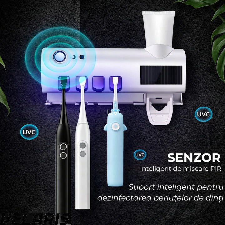 Suport si Dozator pentru Periute si Pasta de Dinti cu Sterilizare Antibacteriana UV, Design Compact si Elegant