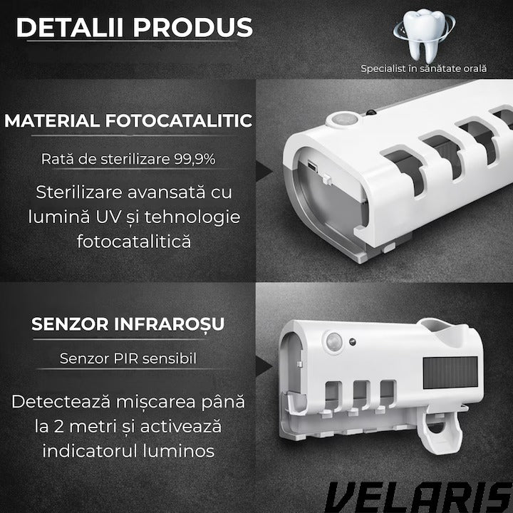 Suport si Dozator pentru Periute si Pasta de Dinti cu Sterilizare Antibacteriana UV, Design Compact si Elegant
