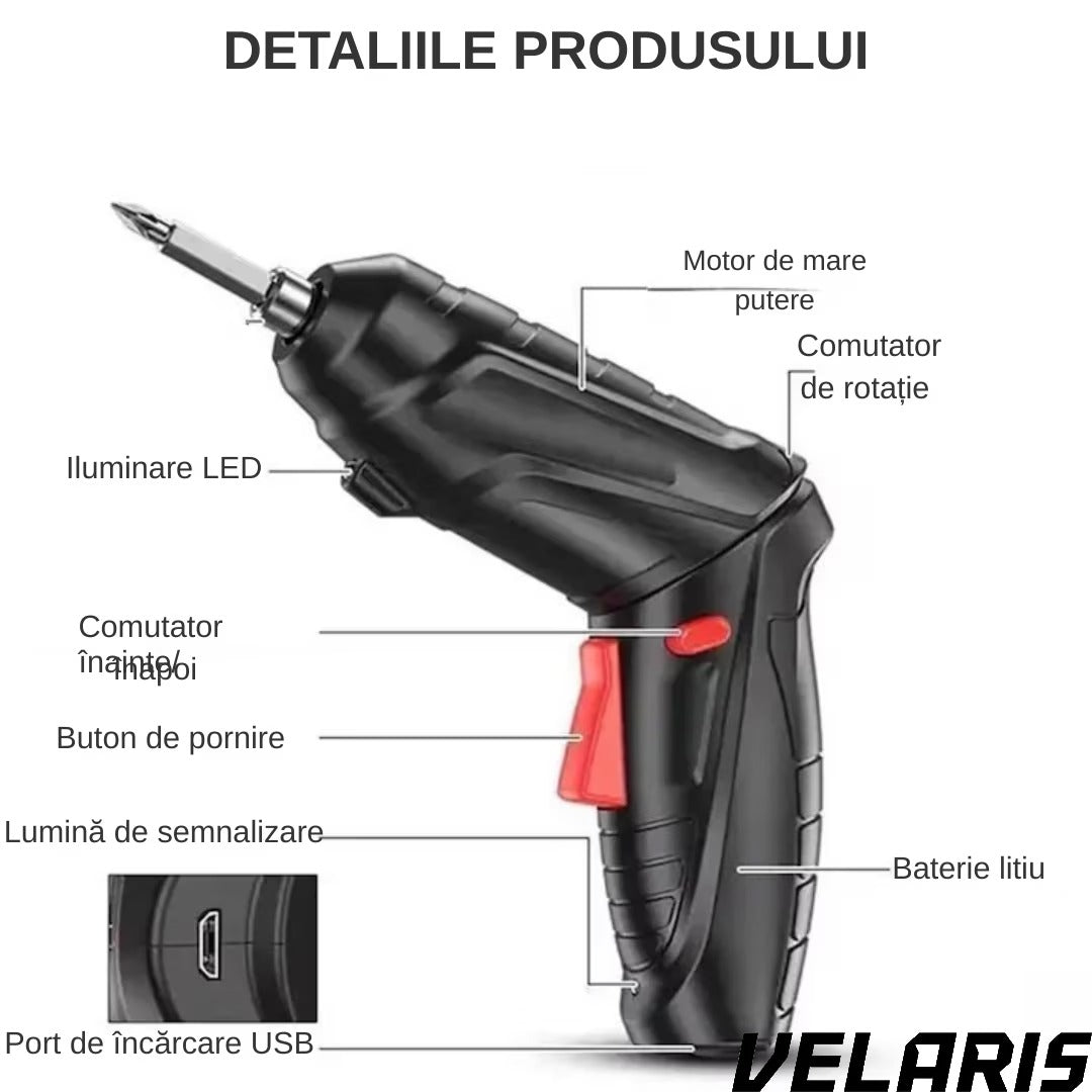 Surubelnita Electrica Portabila, 47 Piese Acumulator Reincarcabil Maner Rotativ 90-180° Set Biti si Capete Tubulare Trusa Transport Negru