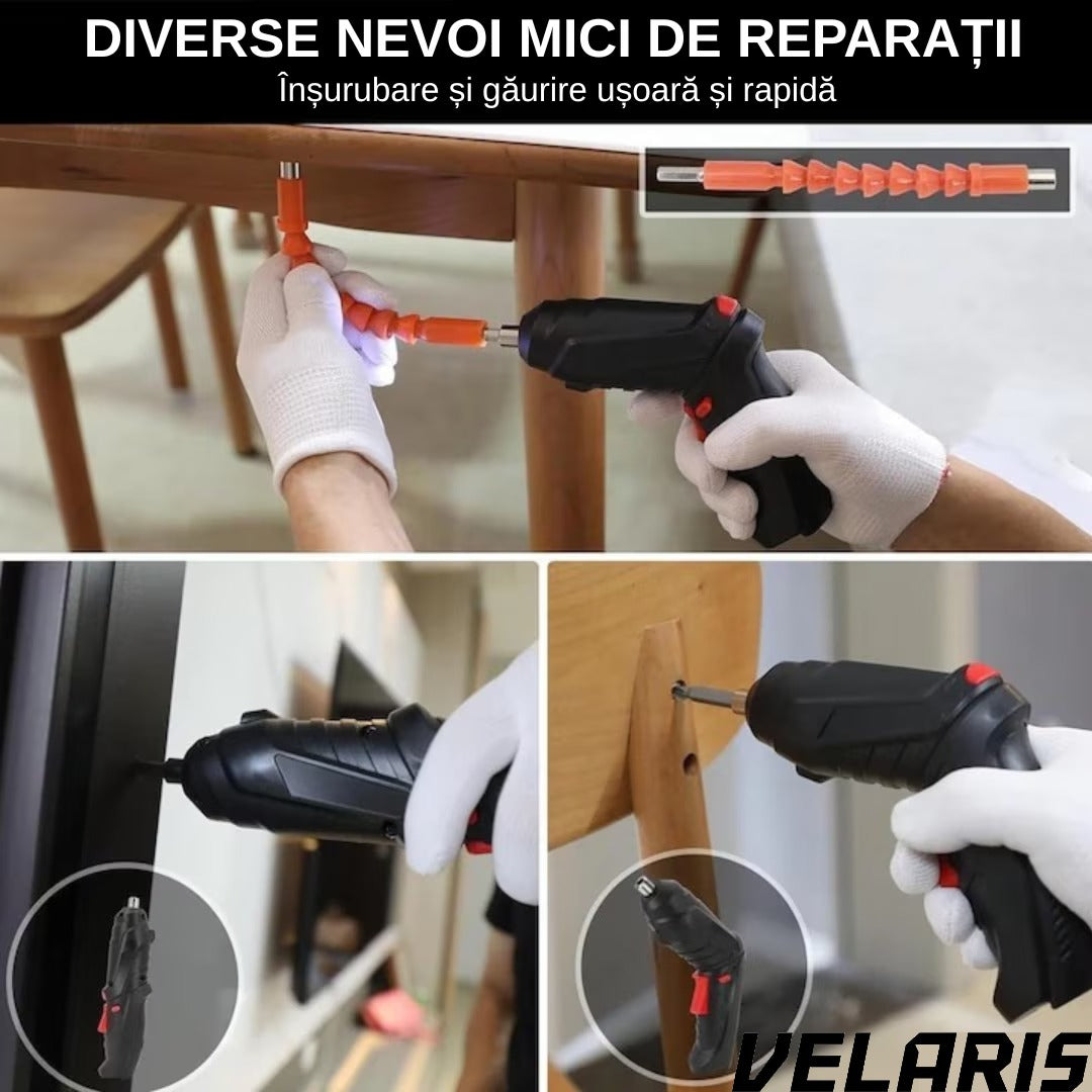 Surubelnita Electrica Portabila, 47 Piese Acumulator Reincarcabil Maner Rotativ 90-180° Set Biti si Capete Tubulare Trusa Transport Negru