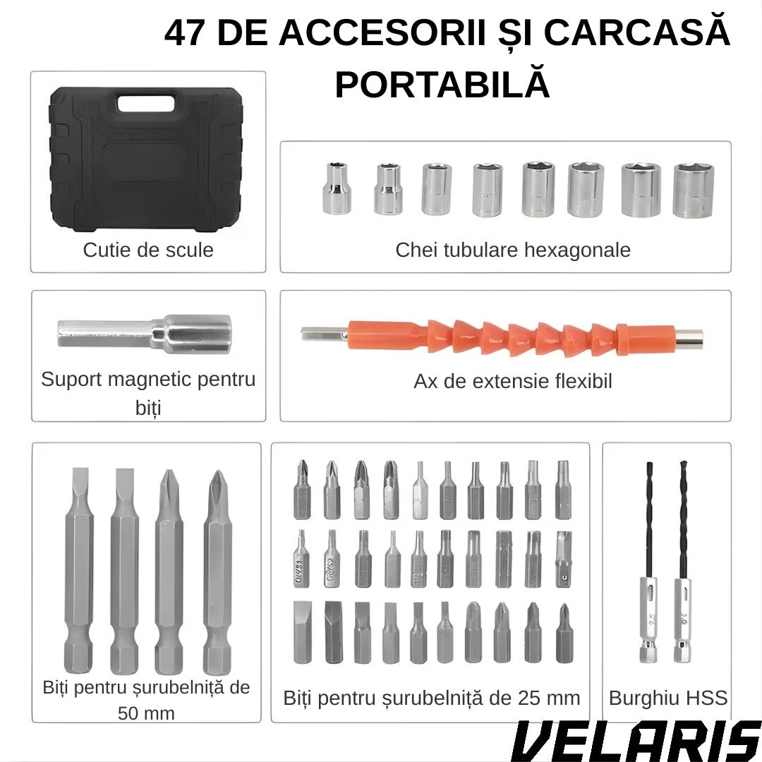 Surubelnita Electrica Portabila, 47 Piese Acumulator Reincarcabil Maner Rotativ 90-180° Set Biti si Capete Tubulare Trusa Transport Negru