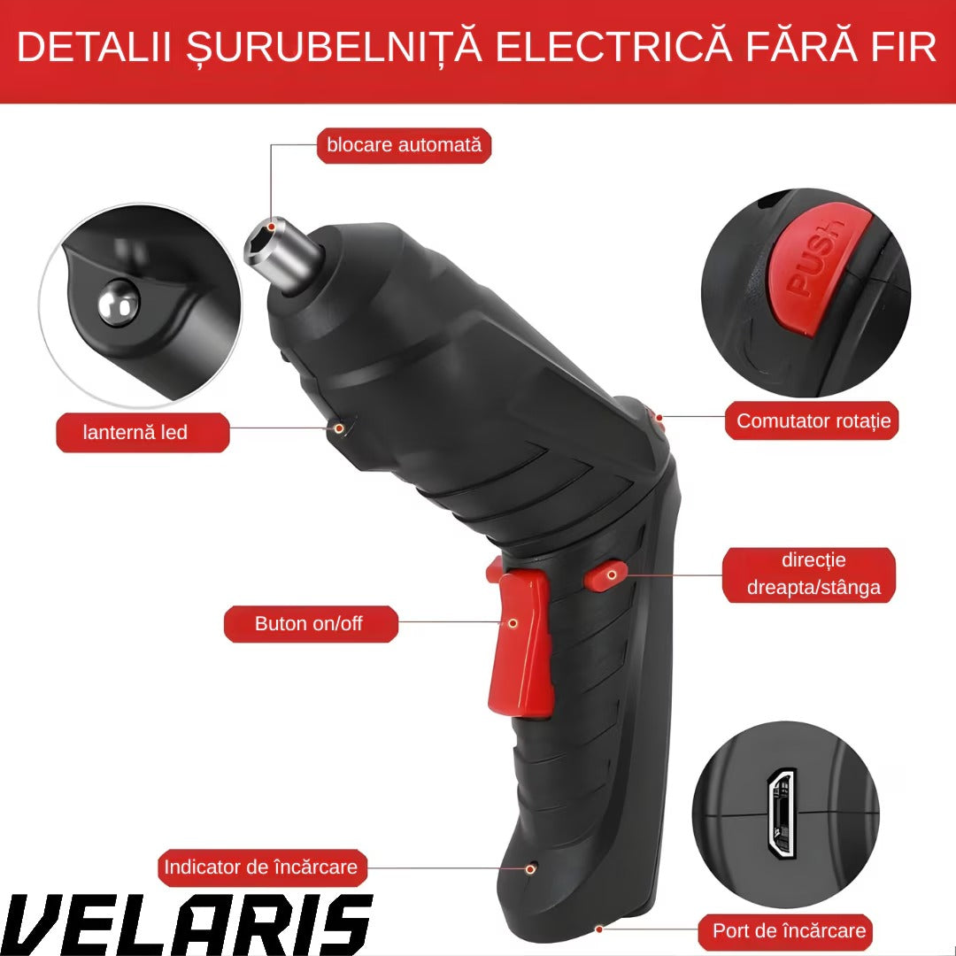 Surubelnita Electrica Portabila, 47 Piese Acumulator Reincarcabil Maner Rotativ 90-180° Set Biti si Capete Tubulare Trusa Transport Negru