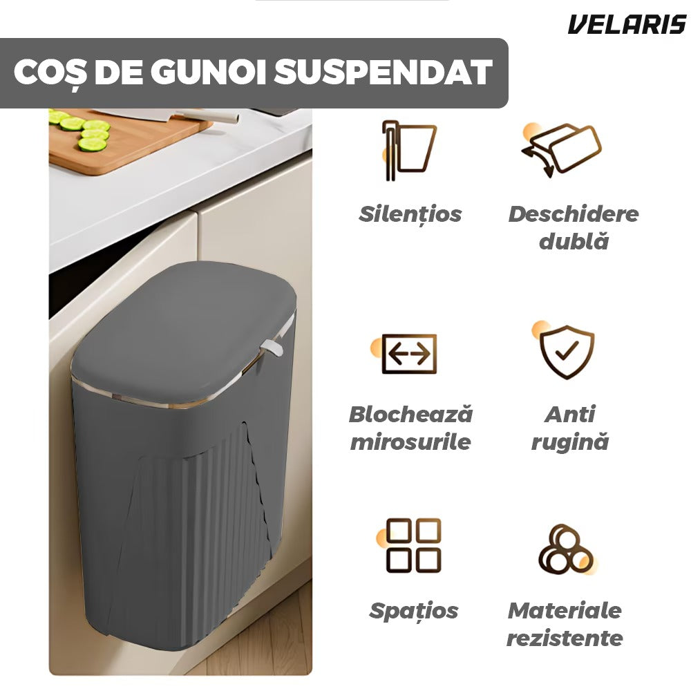 Coș gunoi suspendat, design modern, capac retractabil, 9 L, gri