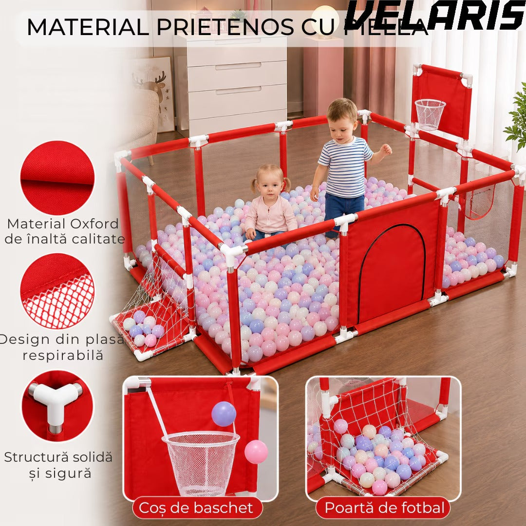 Tarc pentru copii 100 bile incluse, gard de siguranta, 6 luni - 6 ani, 190x129x66 cm, usor de montat, otel inoxidabil, rosu