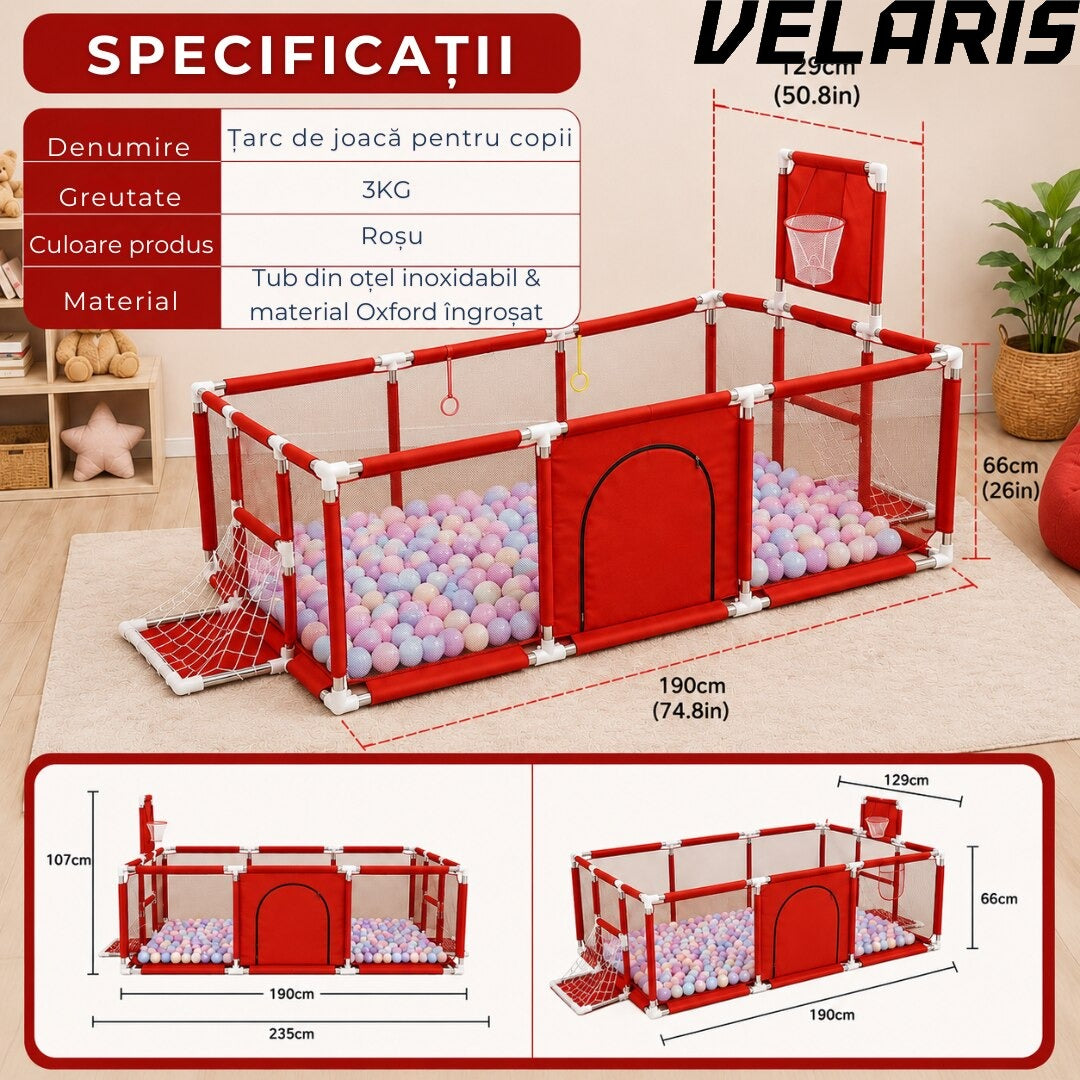Tarc pentru copii 100 bile incluse, gard de siguranta, 6 luni - 6 ani, 190x129x66 cm, usor de montat, otel inoxidabil, rosu