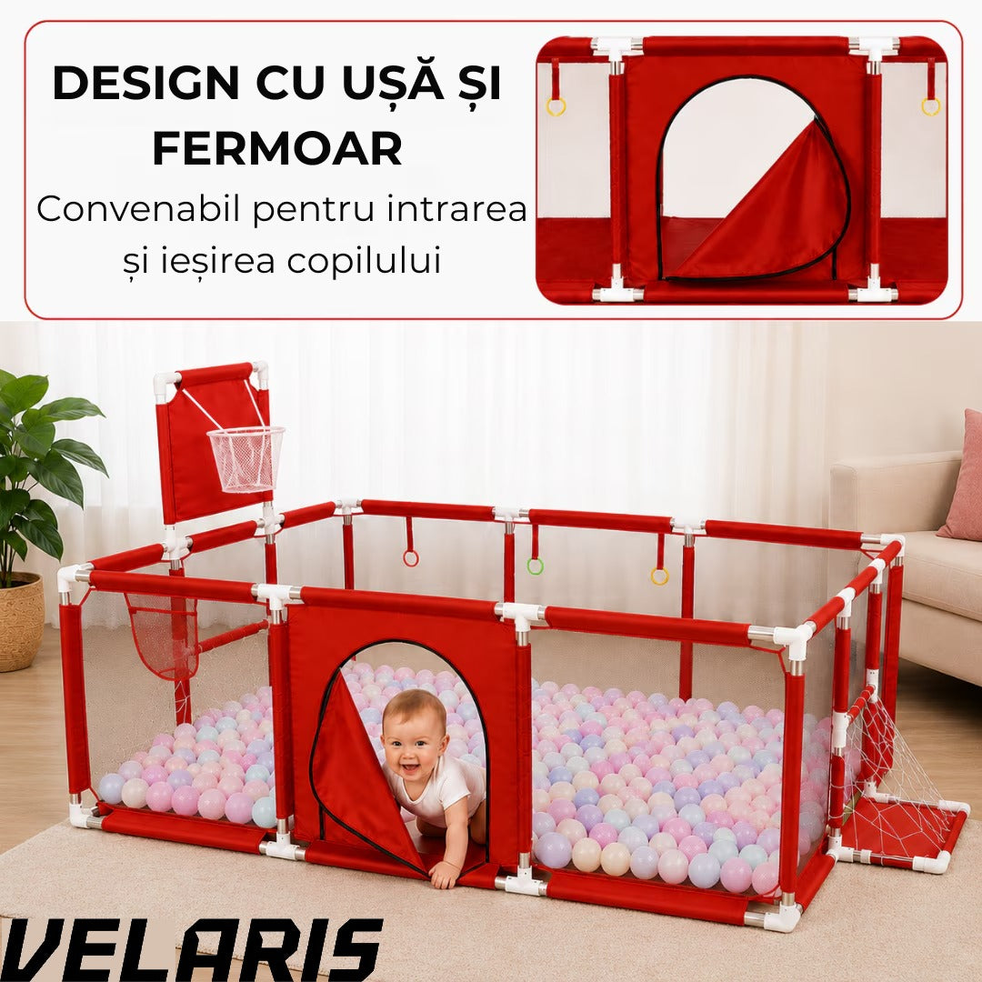 Tarc pentru copii 100 bile incluse, gard de siguranta, 6 luni - 6 ani, 190x129x66 cm, usor de montat, otel inoxidabil, rosu