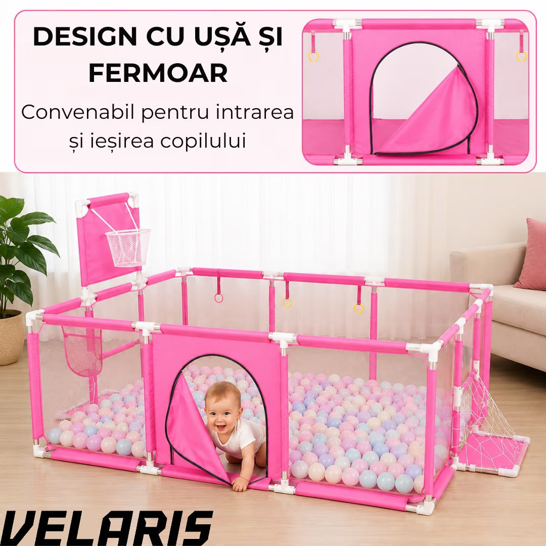 Tarc pentru copii 100 bile incluse, gard de siguranta, 6 luni - 6 ani, 190x129x66 cm, usor de montat, otel inoxidabil, Roz