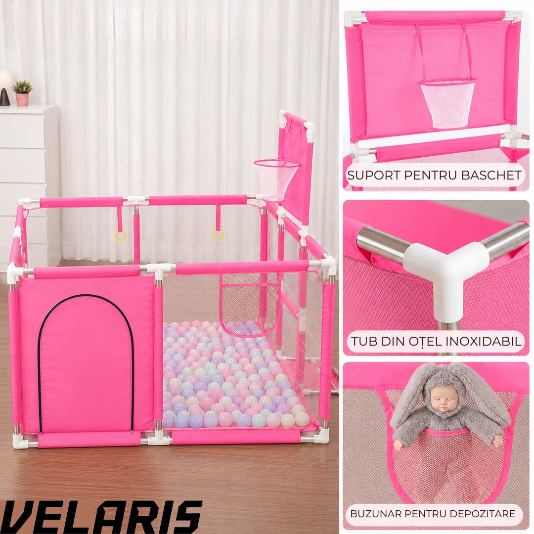Tarc pentru copii 100 bile incluse, gard de siguranta, 6 luni - 6 ani, 190x129x66 cm, usor de montat, otel inoxidabil, Roz