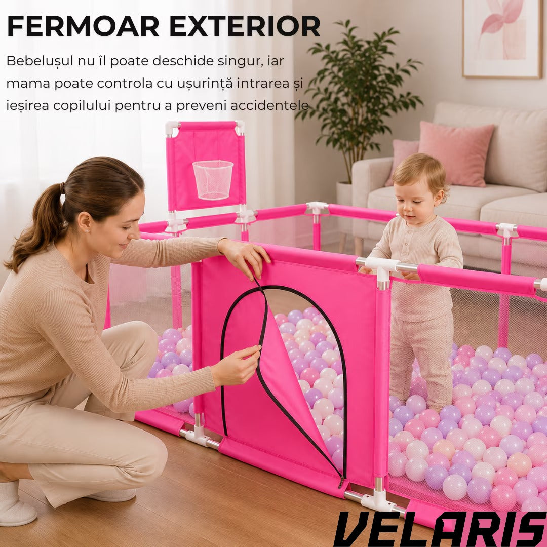 Tarc pentru copii 100 bile incluse, gard de siguranta, 6 luni - 6 ani, 190x129x66 cm, usor de montat, otel inoxidabil, Roz