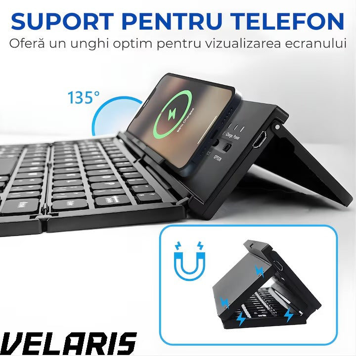 Tastatura Bluetooth pliabila wireless, compacta, touchpad integrat, compatibila tableta si laptop, negru
