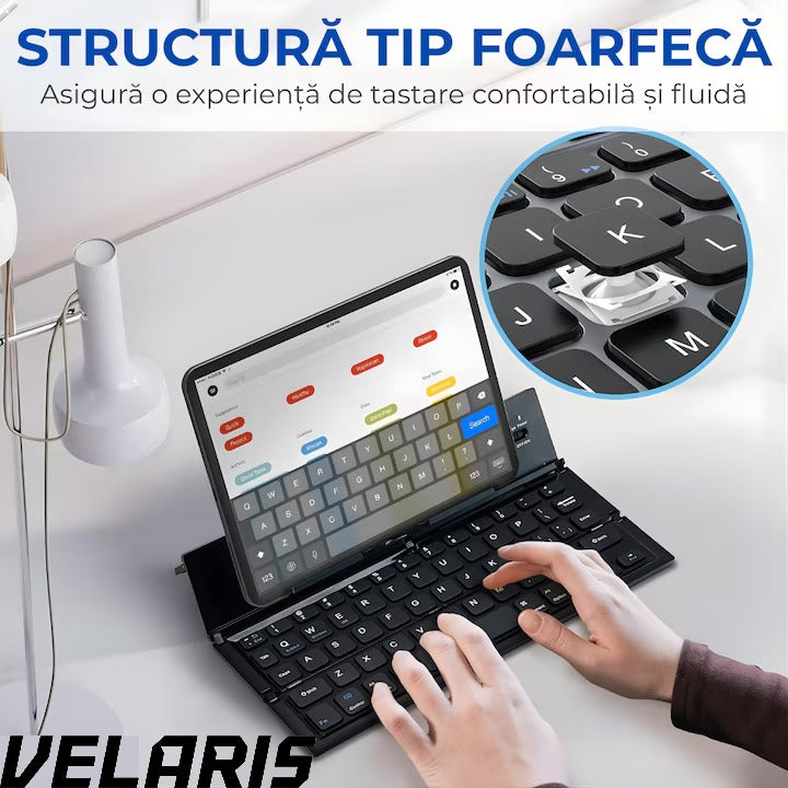 Tastatura Bluetooth pliabila wireless, compacta, touchpad integrat, compatibila tableta si laptop, negru