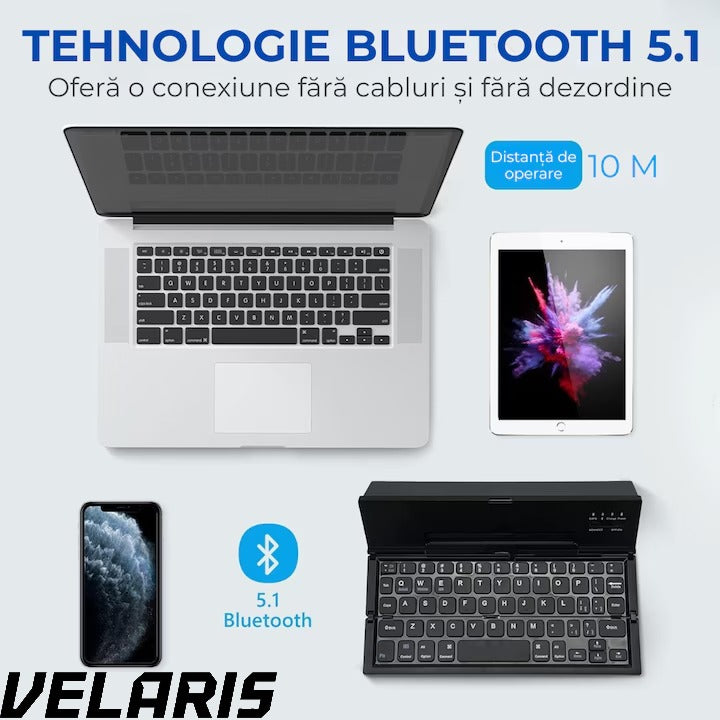 Tastatura Bluetooth pliabila wireless, compacta, touchpad integrat, compatibila tableta si laptop, negru