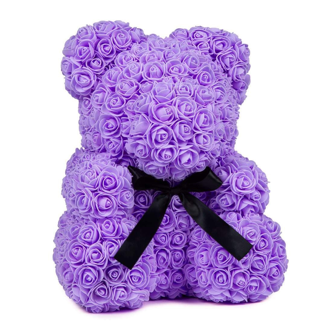 Urs de pluș din trandafiri de spumă, mov, 60 cm, cadou romantic în cutie