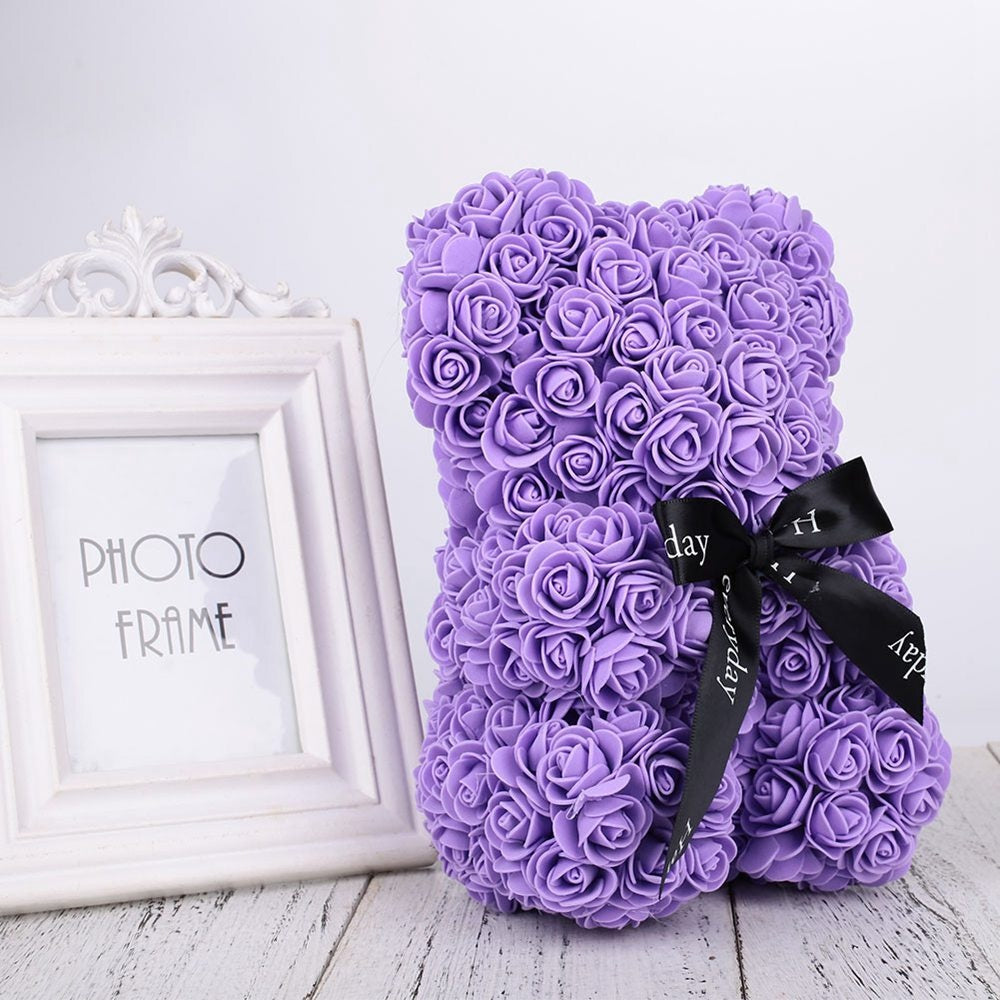 Urs de pluș din trandafiri de spumă, mov, 60 cm, cadou romantic în cutie