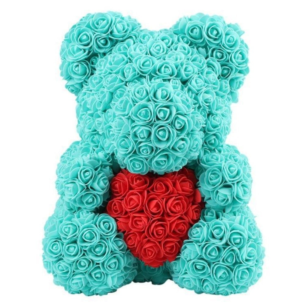Urs pluș din trandafiri spuma turcoaz 25 cm, cutie decorativă cadou