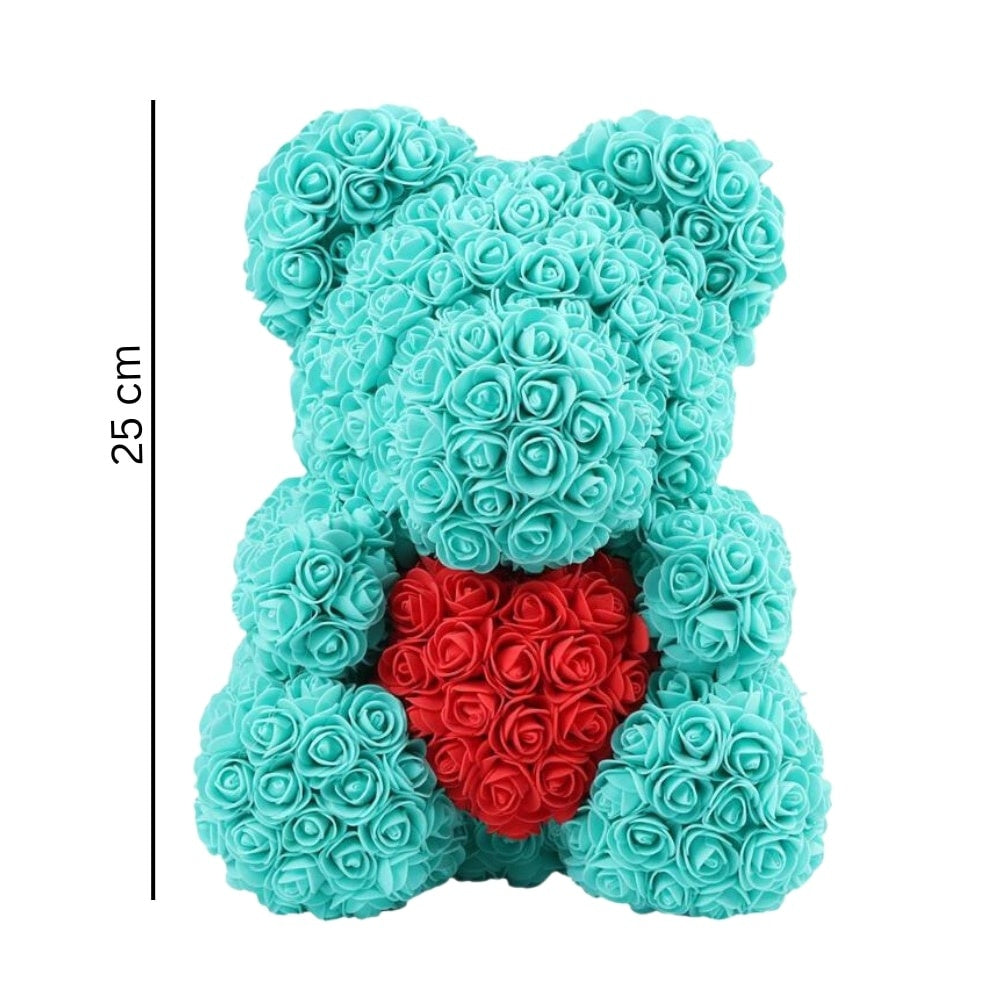 Urs pluș din trandafiri spuma turcoaz 25 cm, cutie decorativă cadou