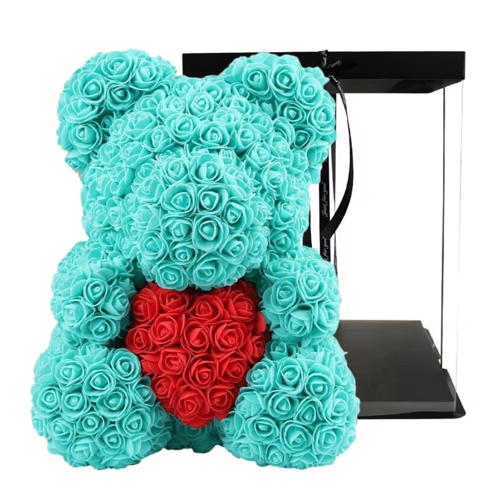 Urs pluș din trandafiri spuma turcoaz 25 cm, cutie decorativă cadou