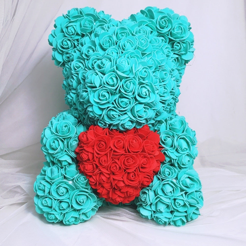 Urs pluș din trandafiri spuma turcoaz 25 cm, cutie decorativă cadou