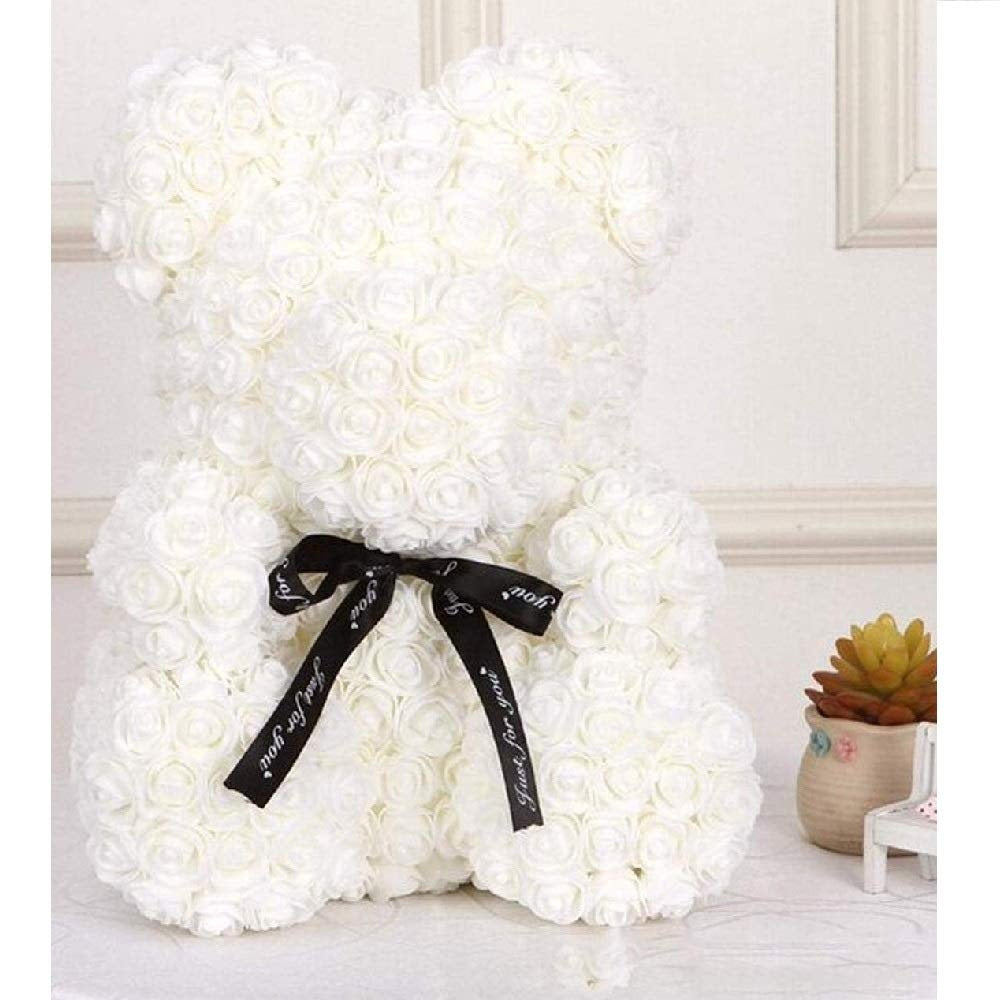 Urs pluș din săpun cu trandafiri albi, 25 cm, în cutie transparentă, cadou romantic