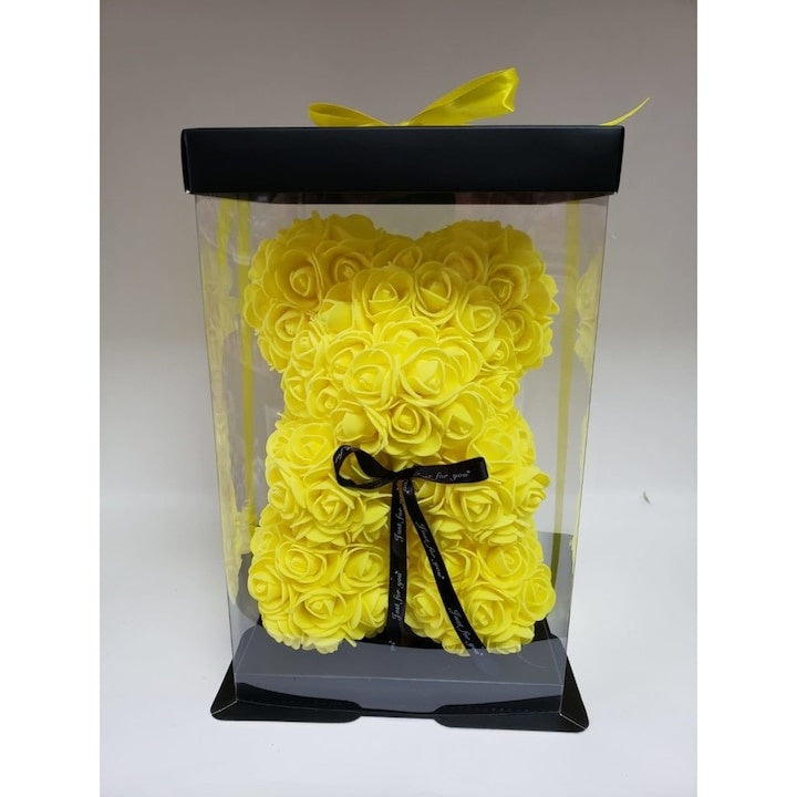 Urs de pluș cu inimă din trandafiri spumă, 24 cm, cutie cadou inclusă, galben
